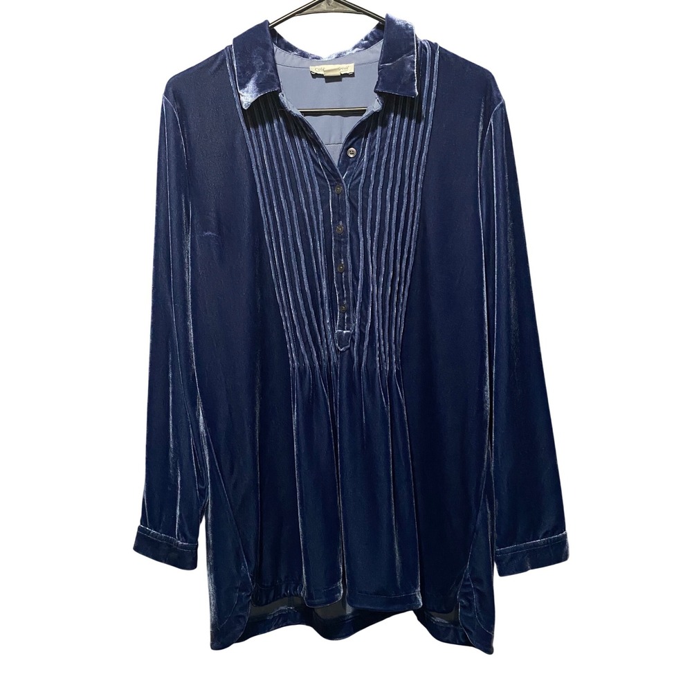 Coldwater Creek Navy Velvet Pintuck Tunic Blouse L Long Sleeve Boho Chic Top